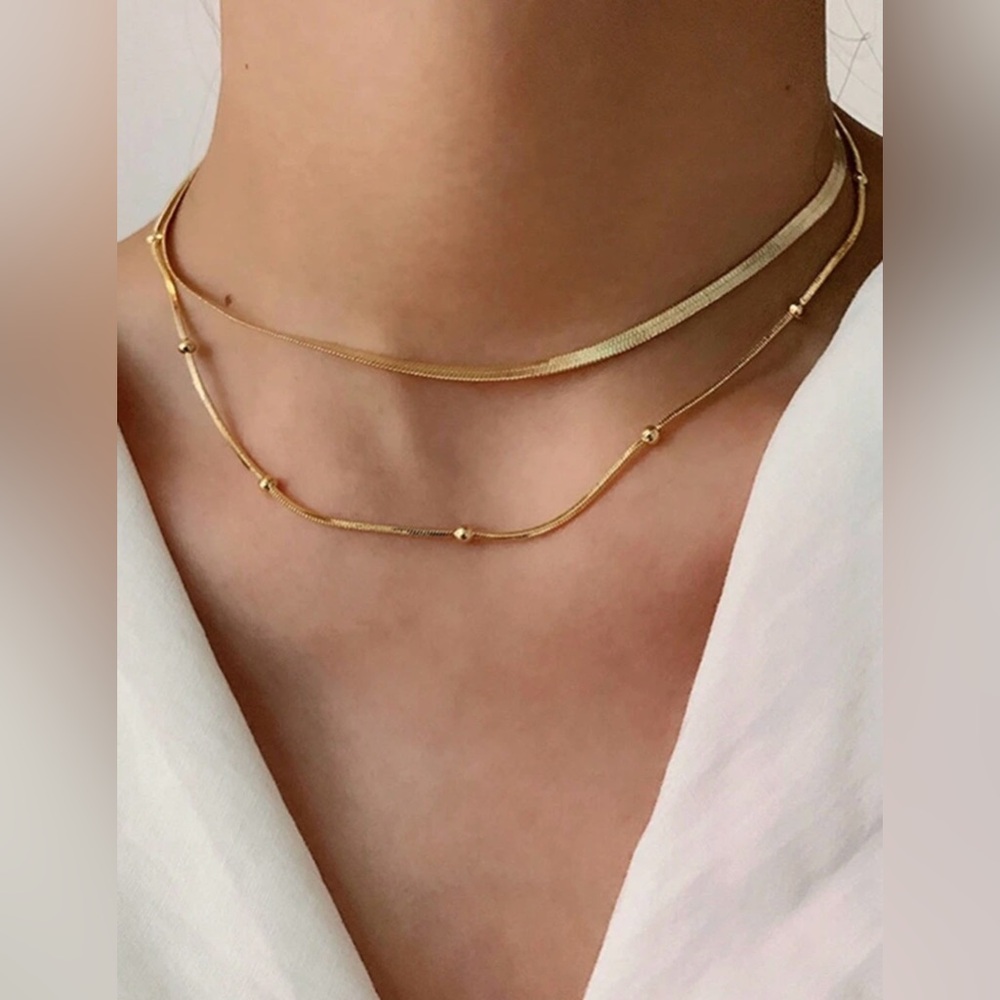 New Nooxian/Set Double Layered Gold-Tone Snake Bone Stainless Steel Necklace